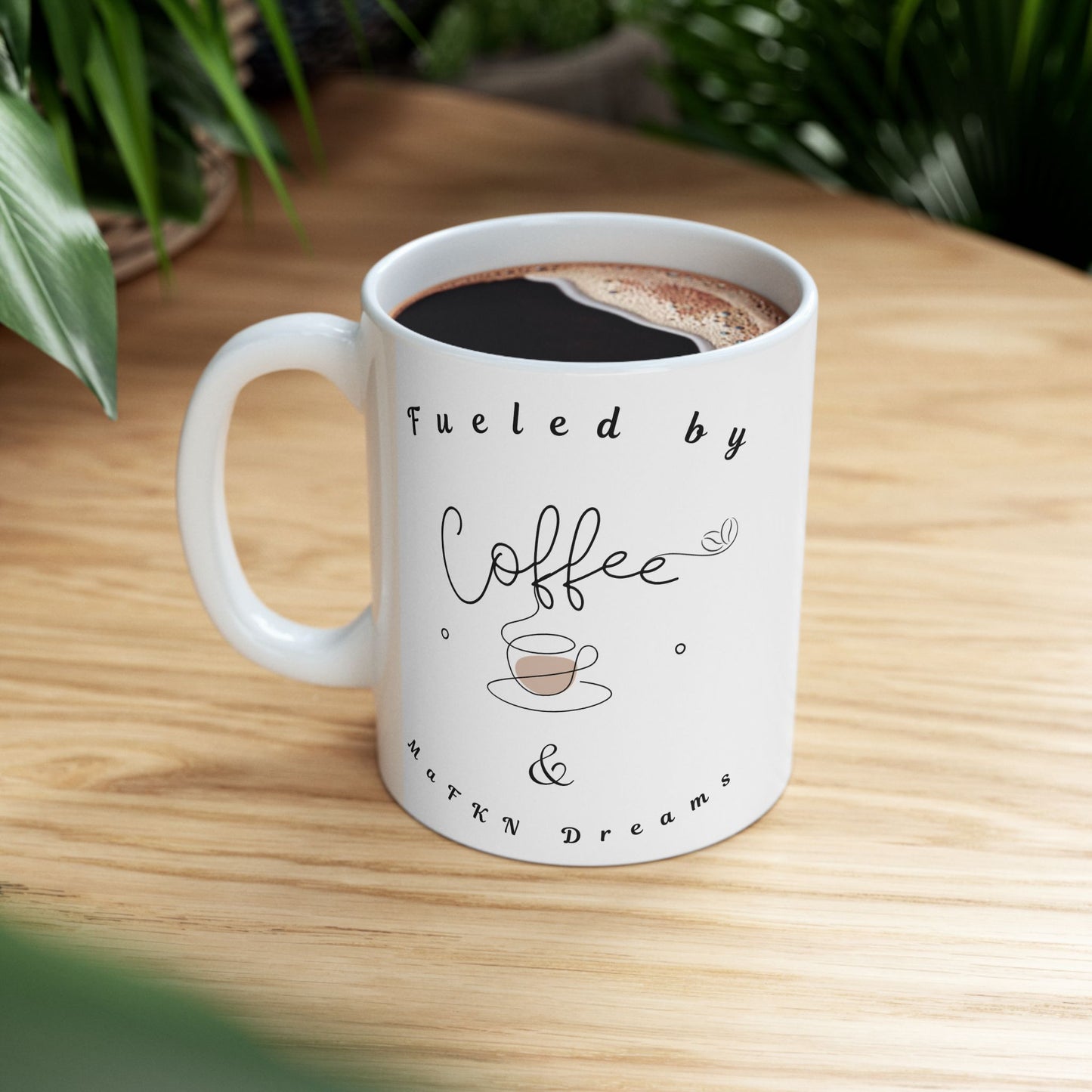 Ceramic Mug 'Fueled by Caffeine & Chaos' Minimal Script Coffee Mug (11oz)