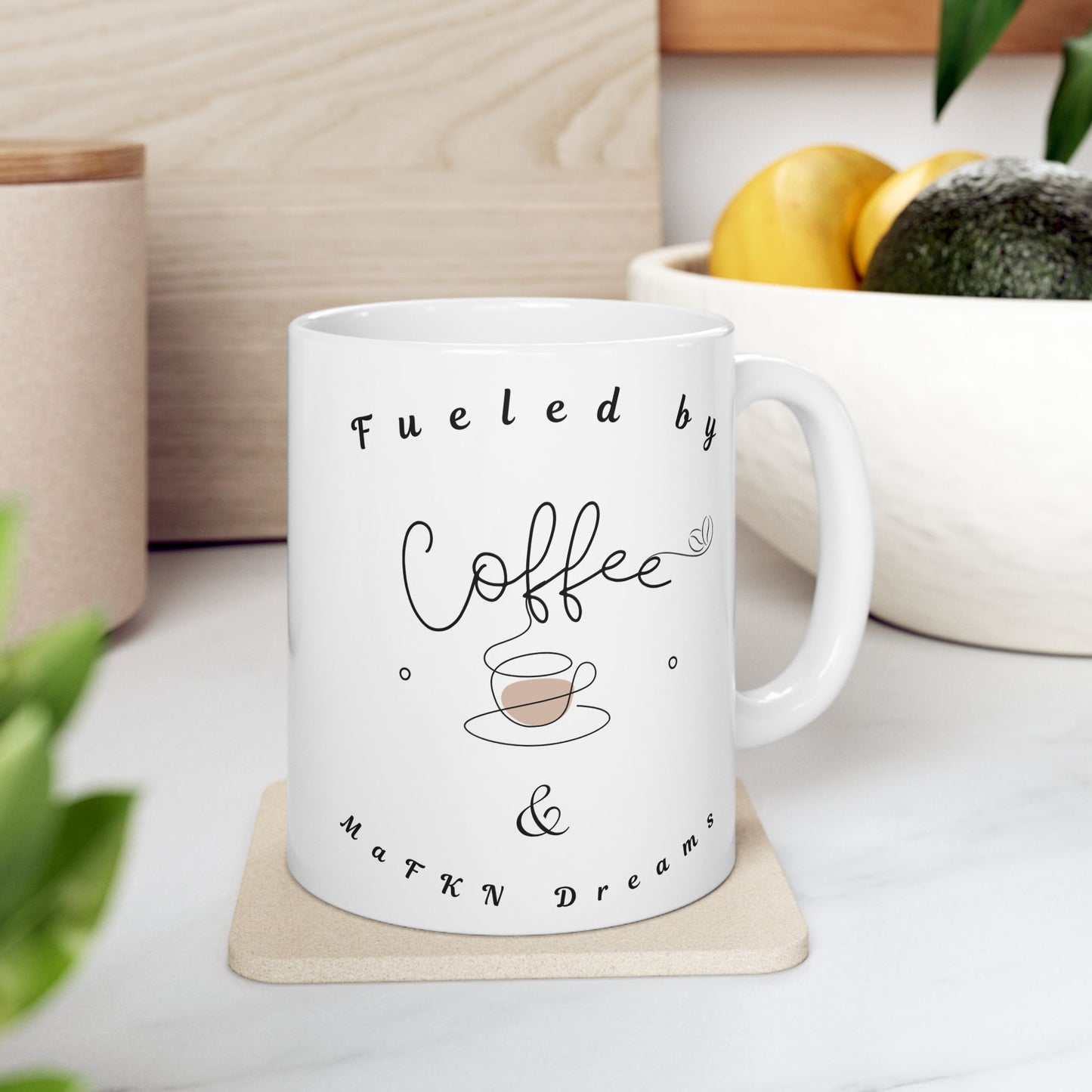 Ceramic Mug  'Fueled by Caffeine & Chaos' Minimal Script Coffee Mug (11oz)